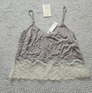 WILFRED Chimere Camisole Quarry 100% Silk Lace Trim XXS Aritzia NWT
